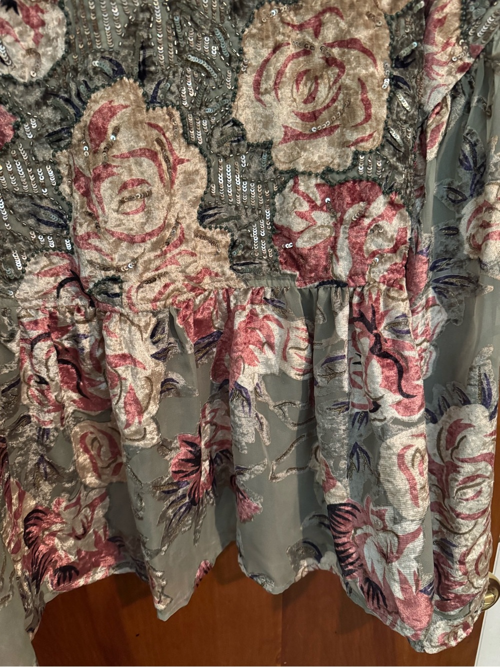 Free People Olive Green Floral Sequin Tie-Front Top - Picture 6 of 7